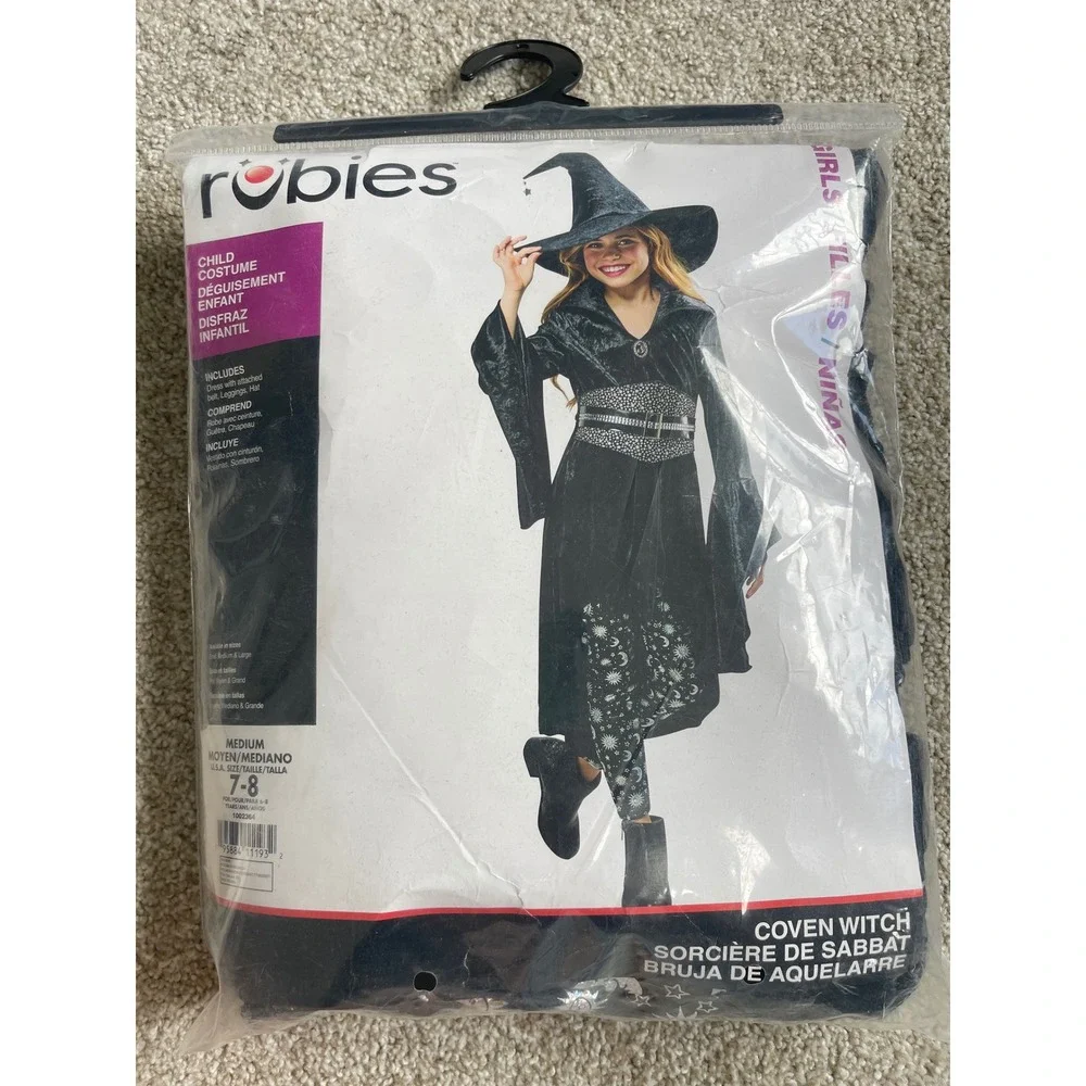Rubies Coven Witch Costume Girls Medium 7-8 Black Velvet Dress Leggings Hat
